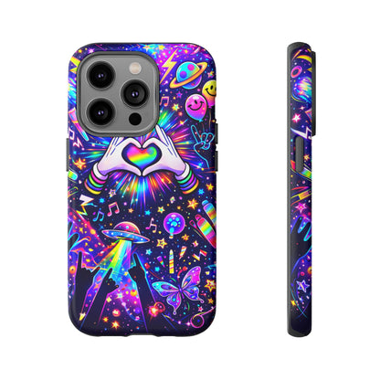 Rainbow Heart Hands Phone Case – Neon Galaxy EDM Festival Tough Cover