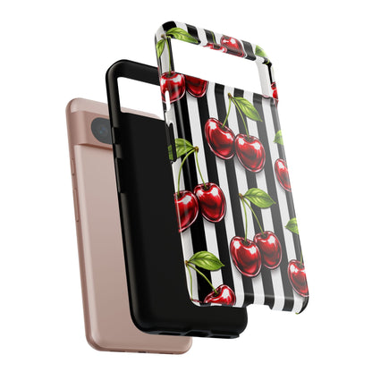 Cherry Pattern Phone Case Black White Stripe Retro Aesthetic Tough Cover