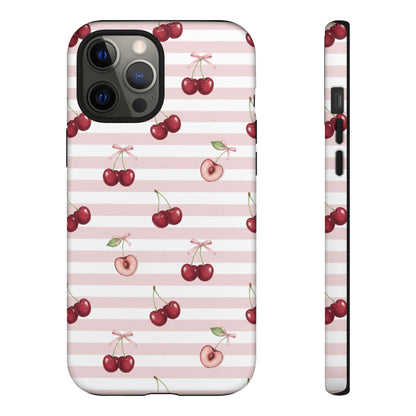 Pink Cherry Stripe Phone Case | Cute Coquette Aesthetic Protective Tough Case