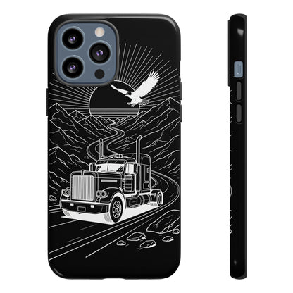 Trucker Highway Phone Case | Eagle & Mountain Line Art | Black Western Tough Case