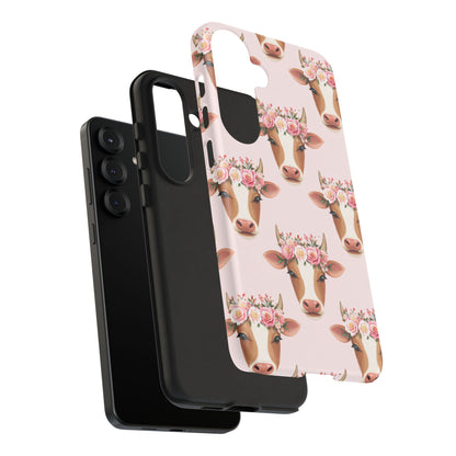 Floral Cow Phone Case – Cute Pink Cow Print Tough Protective Case for Iphone, Samsung Galaxy and Pixel