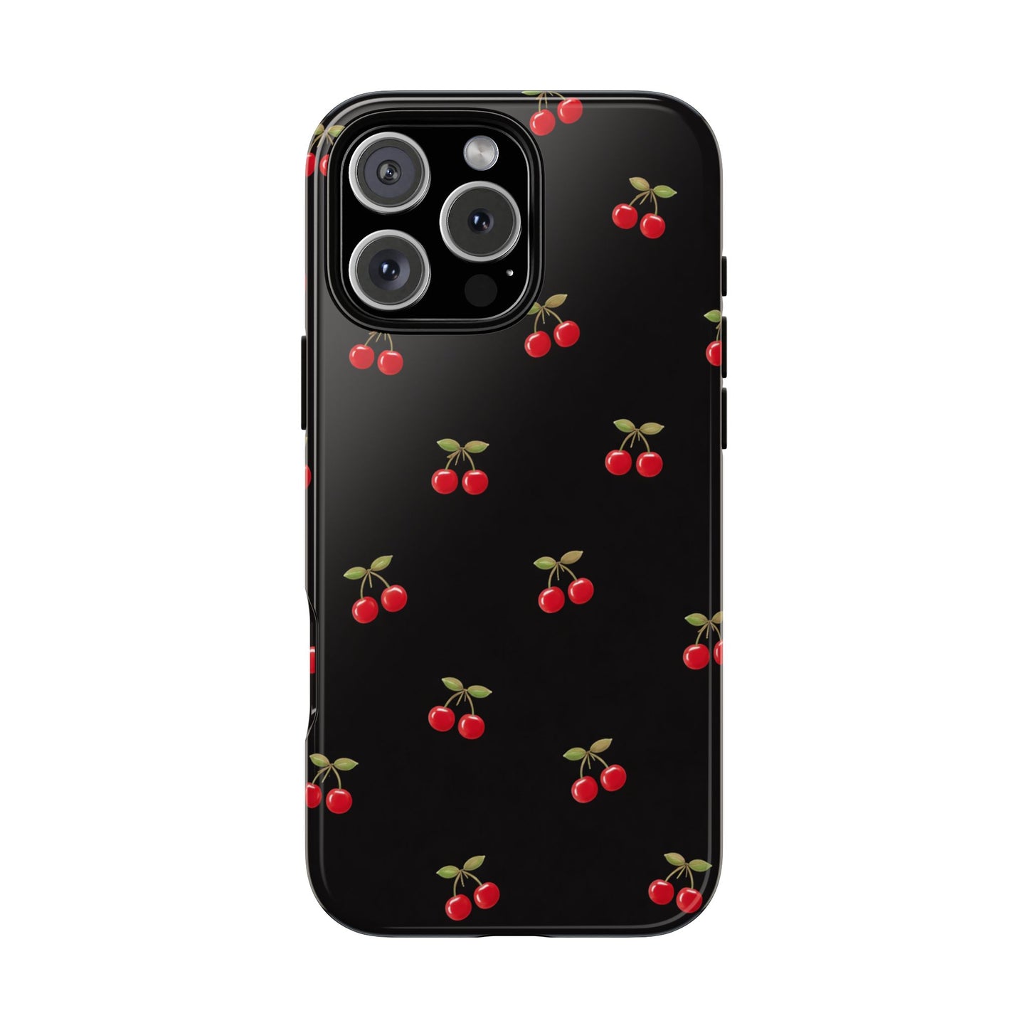 Cherry Pattern Phone Case — Slim Black Protective iPhone Case with Red Cherries for Iphone, Samsung Galaxy and Pixel