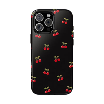 Cherry Pattern Phone Case — Slim Black Protective iPhone Case with Red Cherries for Iphone, Samsung Galaxy and Pixel