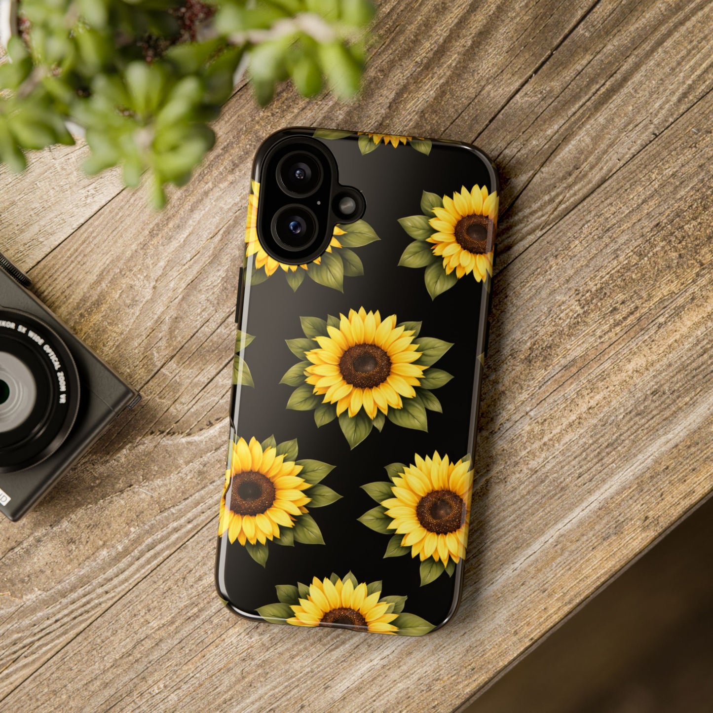 Sunflower Floral Tough Phone Case – Black Background Protective Cover for Iphone, Samsung Galaxy and Pixel