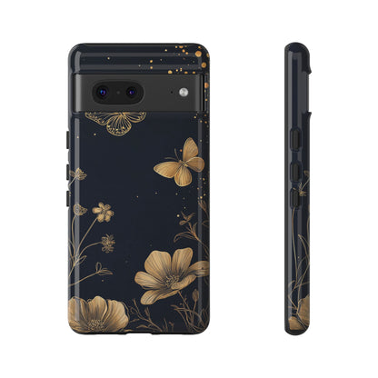 Gold Floral Butterfly Phone Case, Dark Aesthetic Botanical, Elegant Black Luxury iPhone Samsung Cover