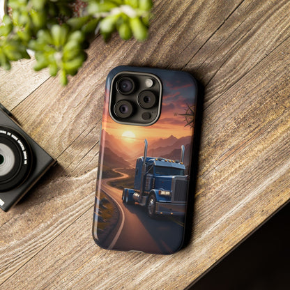 Semi Truck Sunset Phone Case | Trucker Gift | Diesel Truck Highway Road iPhone & Samsung Tough Protective Case