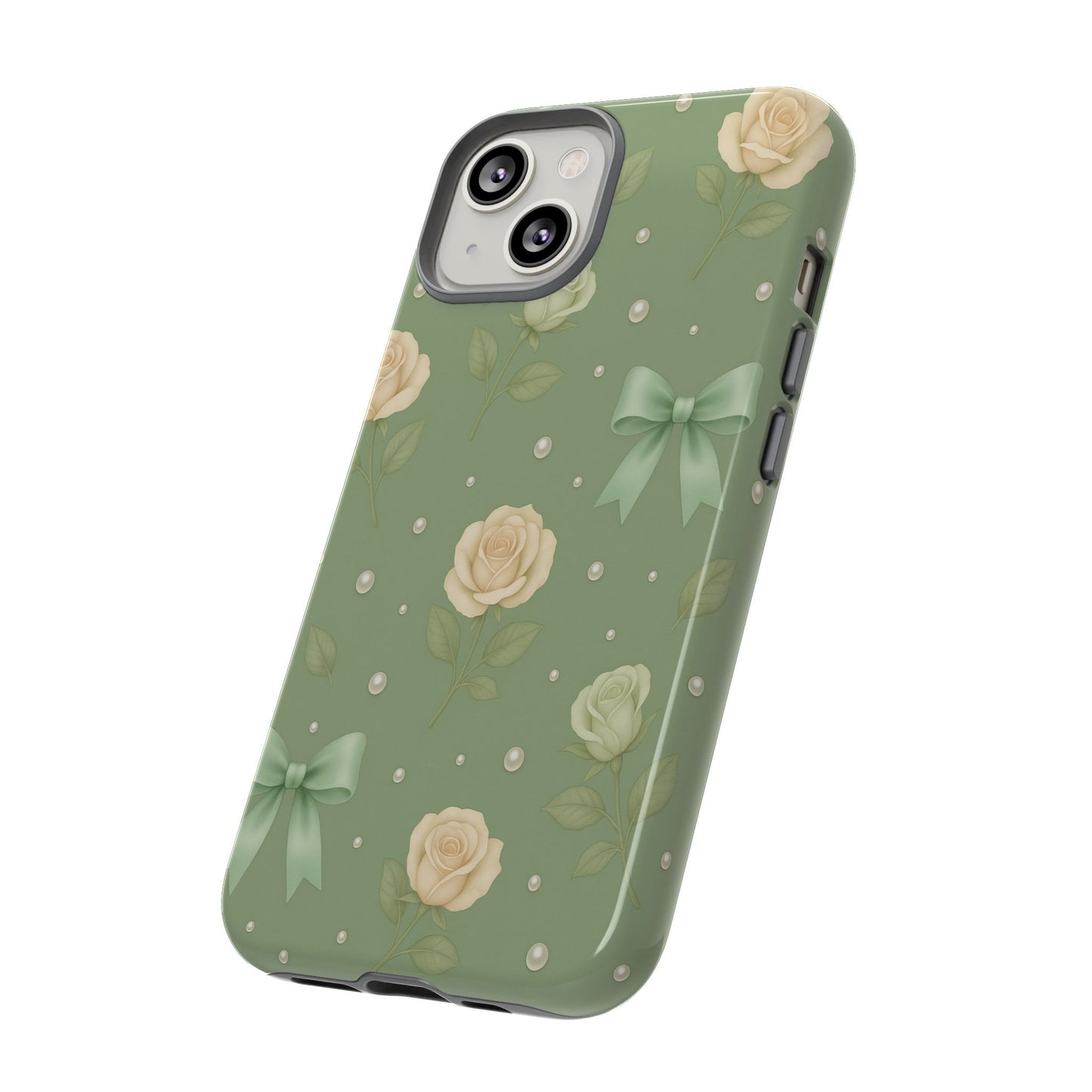 Vintage Rose Bow Phone Case – Sage Green Floral Coquette Aesthetic Tough Case (iPhone, Samsung, Pixel)