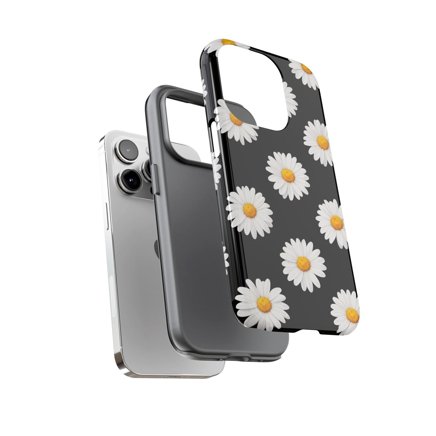 Black Daisy Floral Tough Phone Case – Cute Protective Cover for Iphone, Samsung Galaxy and Pixel