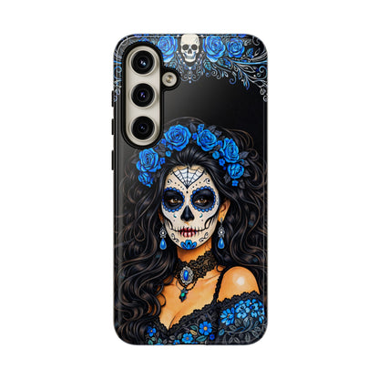 Blue Sugar Skull Woman Phone Case – Day of the Dead Aesthetic Tough Cover