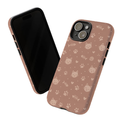 Cute Cat Pattern Phone Case | Paw Prints, Fishbone & Yarn Design Tough Case