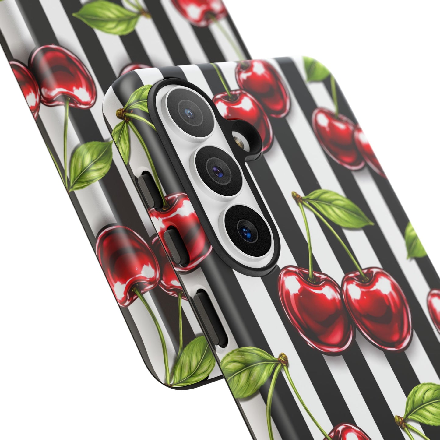Cherry Pattern Phone Case Black White Stripe Retro Aesthetic Tough Cover