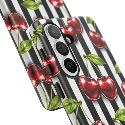 Cherry Pattern Phone Case Black White Stripe Retro Aesthetic Tough Cover
