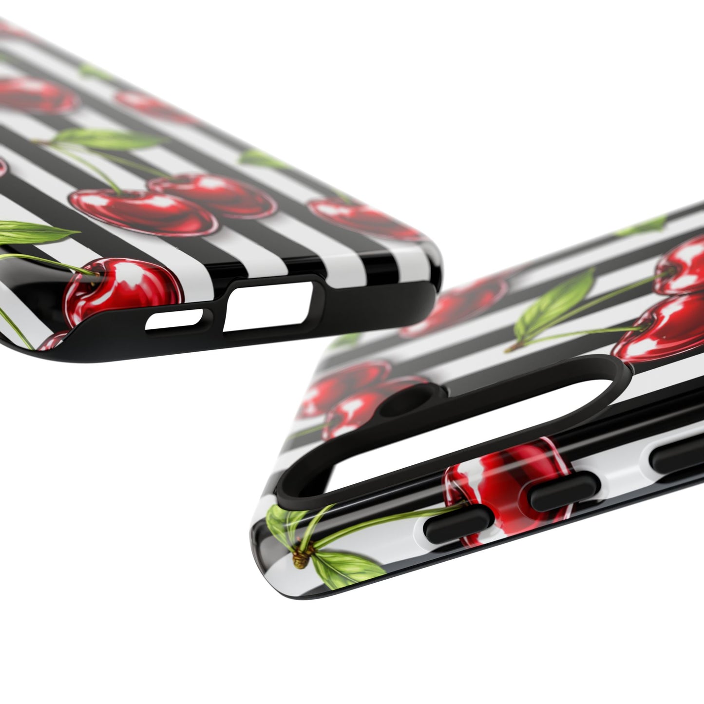 Cherry Pattern Phone Case Black White Stripe Retro Aesthetic Tough Cover