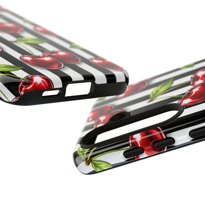 Cherry Pattern Phone Case Black White Stripe Retro Aesthetic Tough Cover