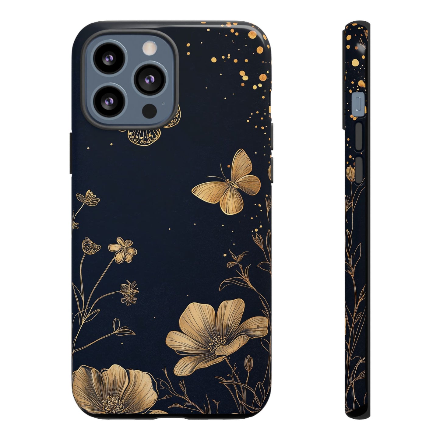 Gold Floral Butterfly Phone Case, Dark Aesthetic Botanical, Elegant Black Luxury iPhone Samsung Cover