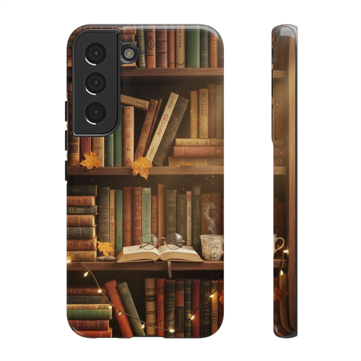 Cozy Vintage Bookshelf Phone Case, Library Aesthetic Book Stack, Autumn Coffee Vibes (iPhone, Samsung, Pixel)