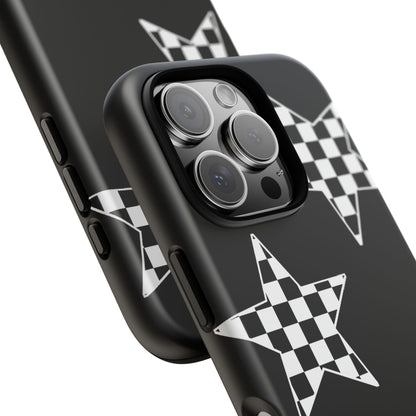 Checkered Star Tough Phone Case – Black Retro Graphic Protective Cover for Iphone, Samsung Galaxy and Pixel