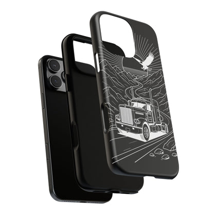 Trucker Highway Phone Case | Eagle & Mountain Line Art | Black Western Tough Case