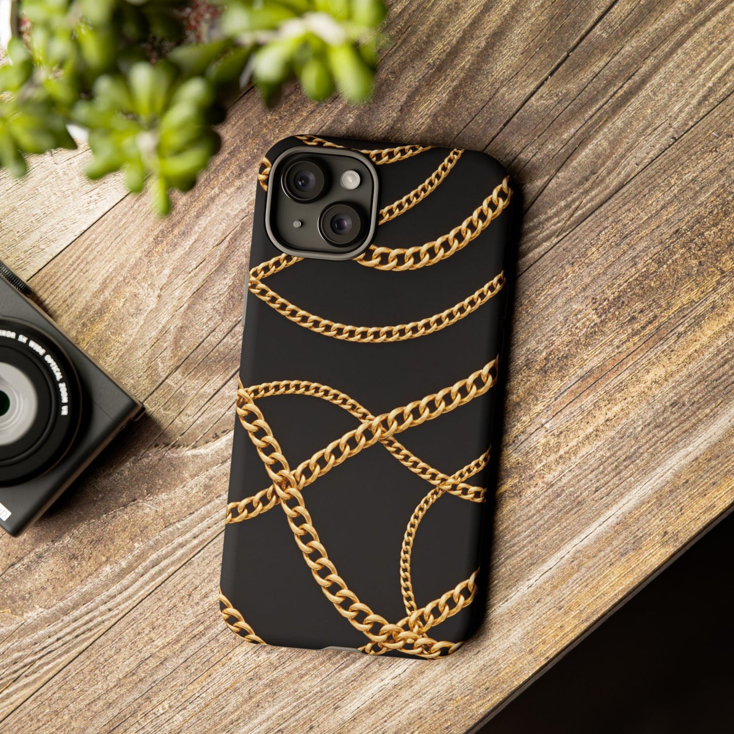 Luxury Gold Chain Phone Case – Black Designer Style Tough Protective Cover for Iphone, Samsung Galaxy and Pixel