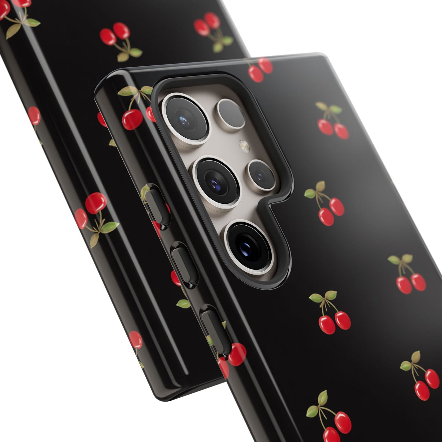 Cherry Pattern Phone Case — Slim Black Protective iPhone Case with Red Cherries for Iphone, Samsung Galaxy and Pixel