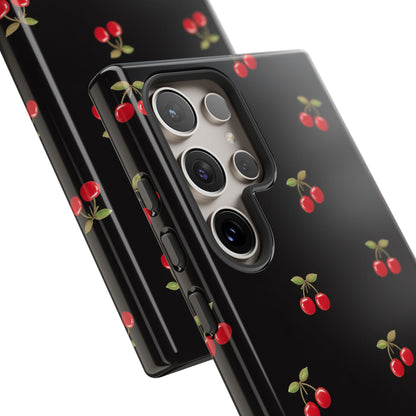 Cherry Pattern Phone Case — Slim Black Protective iPhone Case with Red Cherries for Iphone, Samsung Galaxy and Pixel