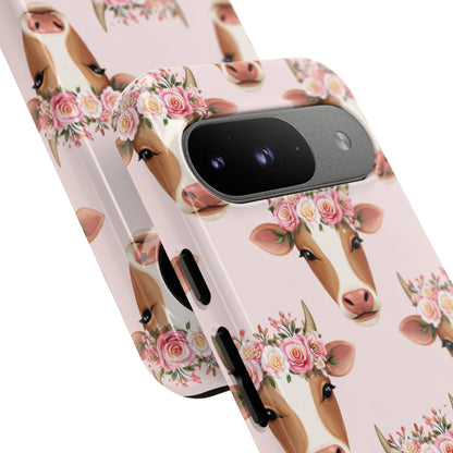 Floral Cow Phone Case – Cute Pink Cow Print Tough Protective Case for Iphone, Samsung Galaxy and Pixel