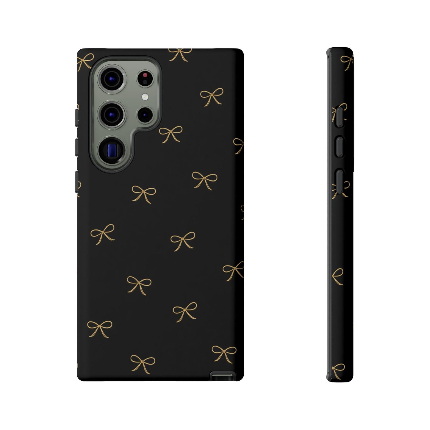 Black Phone Case with Gold Bow Pattern – Slim Protective Cute Aesthetic Cover for Iphone, Samsung Galaxy and Pixel