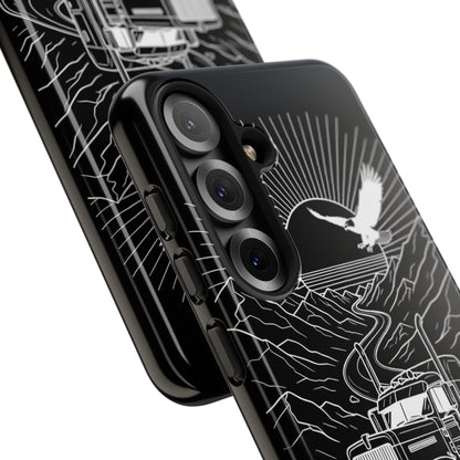Trucker Highway Phone Case | Eagle & Mountain Line Art | Black Western Tough Case