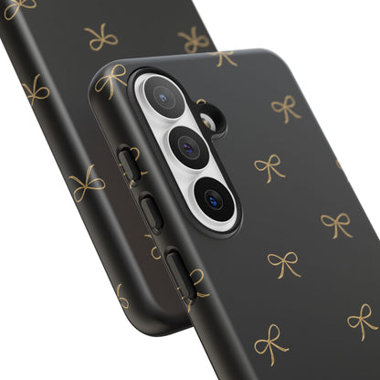 Black Phone Case with Gold Bow Pattern – Slim Protective Cute Aesthetic Cover for Iphone, Samsung Galaxy and Pixel