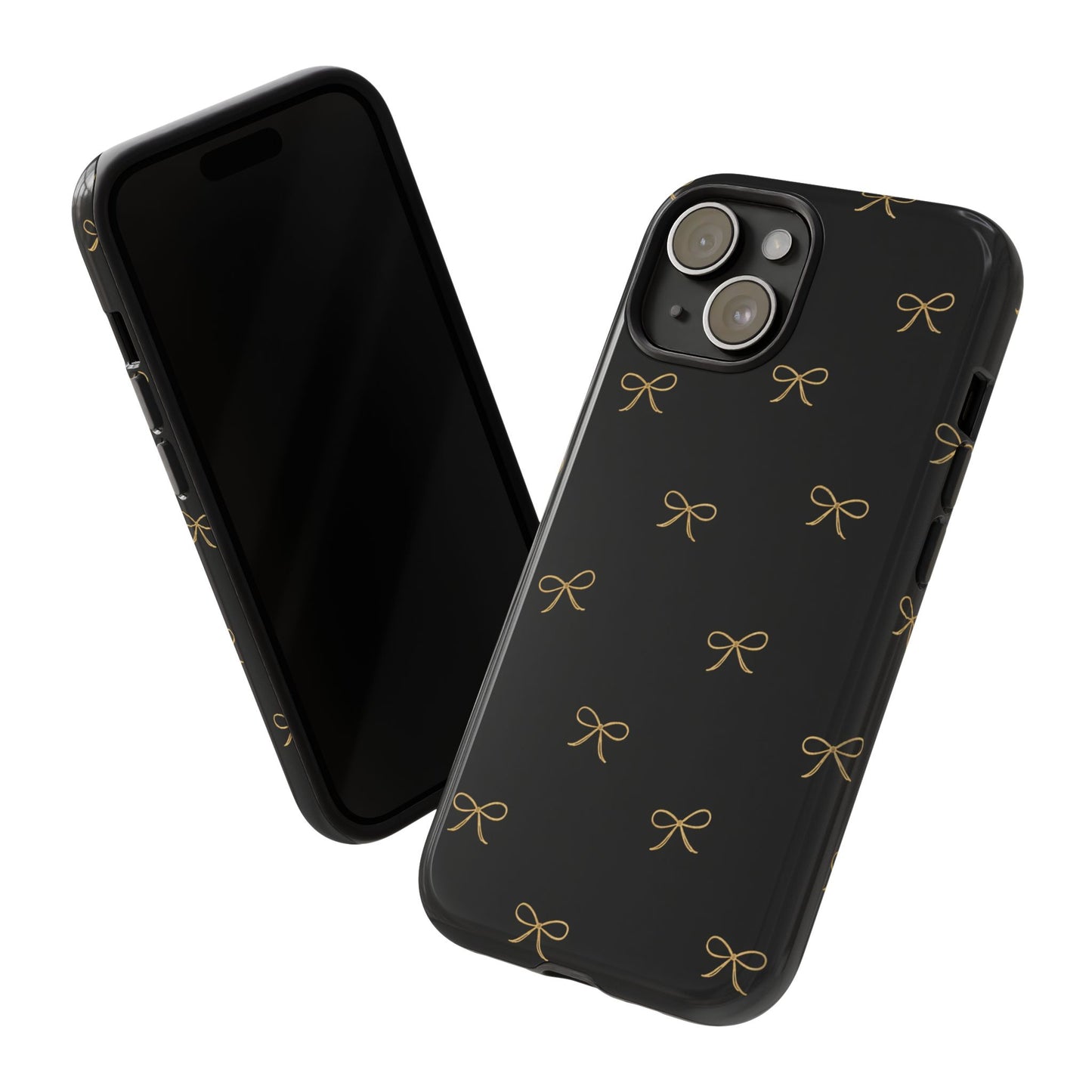 Black Phone Case with Gold Bow Pattern – Slim Protective Cute Aesthetic Cover for Iphone, Samsung Galaxy and Pixel
