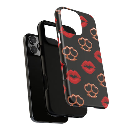Red Lipstick & Knuckle Duster Phone Case | Bold Kiss Print Tough Protective Cover for Iphone, Samsung Galaxy and Pixel