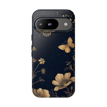 Gold Floral Butterfly Phone Case, Dark Aesthetic Botanical, Elegant Black Luxury iPhone Samsung Cover