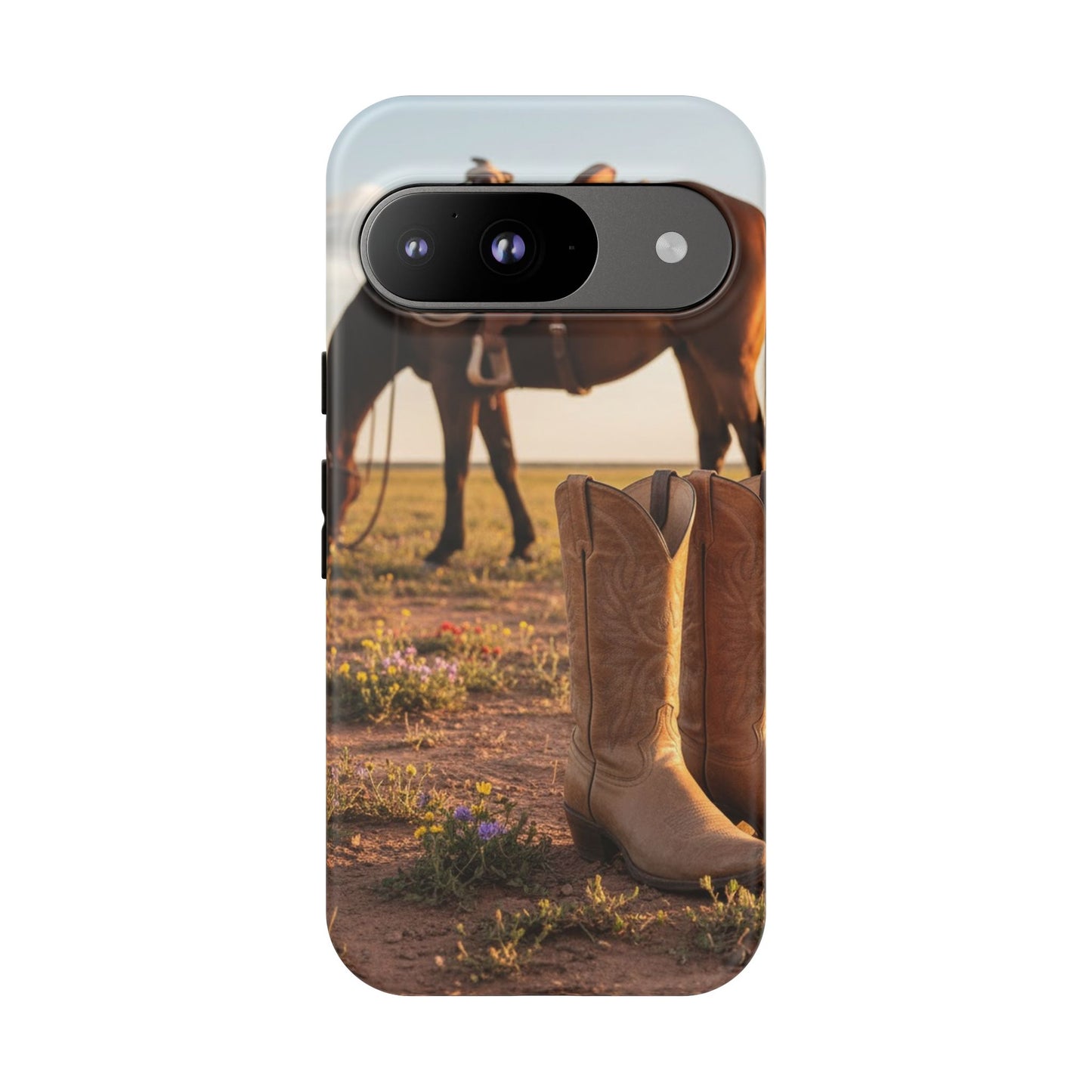 Western Cowboy Boots Phone Case – Rustic Horse Sunset Tough Case (iPhone, Samsung, Pixel)