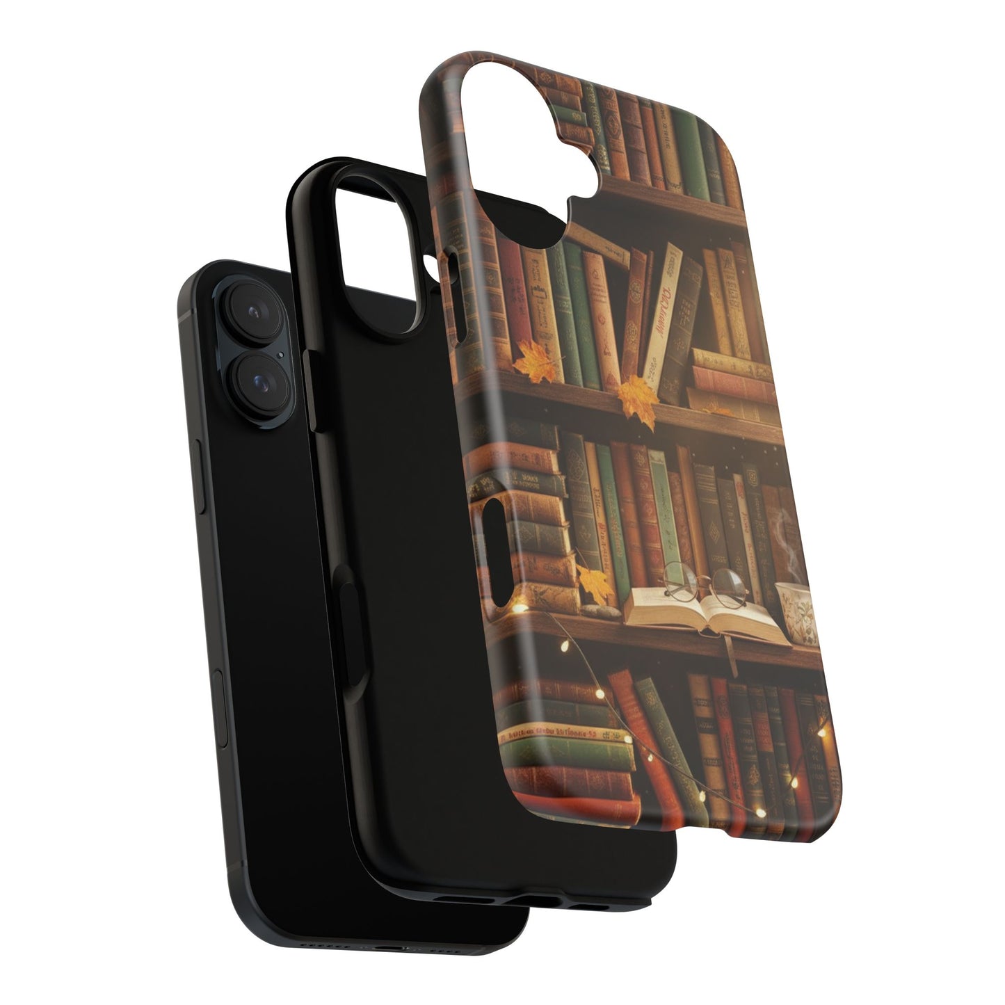 Cozy Vintage Bookshelf Phone Case, Library Aesthetic Book Stack, Autumn Coffee Vibes (iPhone, Samsung, Pixel)