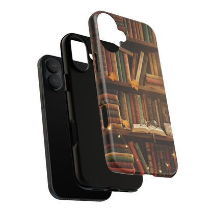 Cozy Vintage Bookshelf Phone Case, Library Aesthetic Book Stack, Autumn Coffee Vibes (iPhone, Samsung, Pixel)