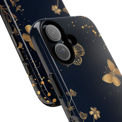 Gold Floral Butterfly Phone Case, Dark Aesthetic Botanical, Elegant Black Luxury iPhone Samsung Cover