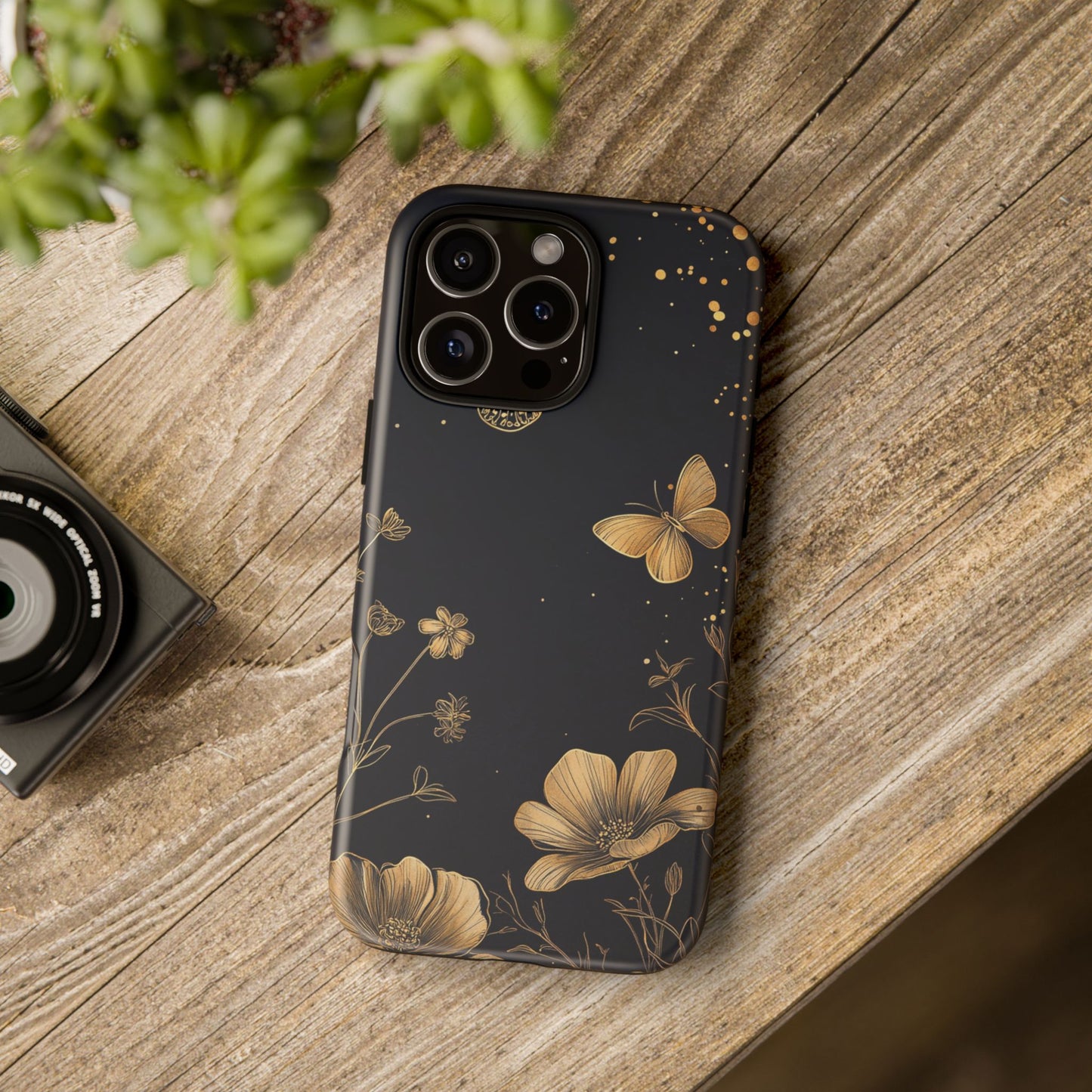 Gold Floral Butterfly Phone Case, Dark Aesthetic Botanical, Elegant Black Luxury iPhone Samsung Cover