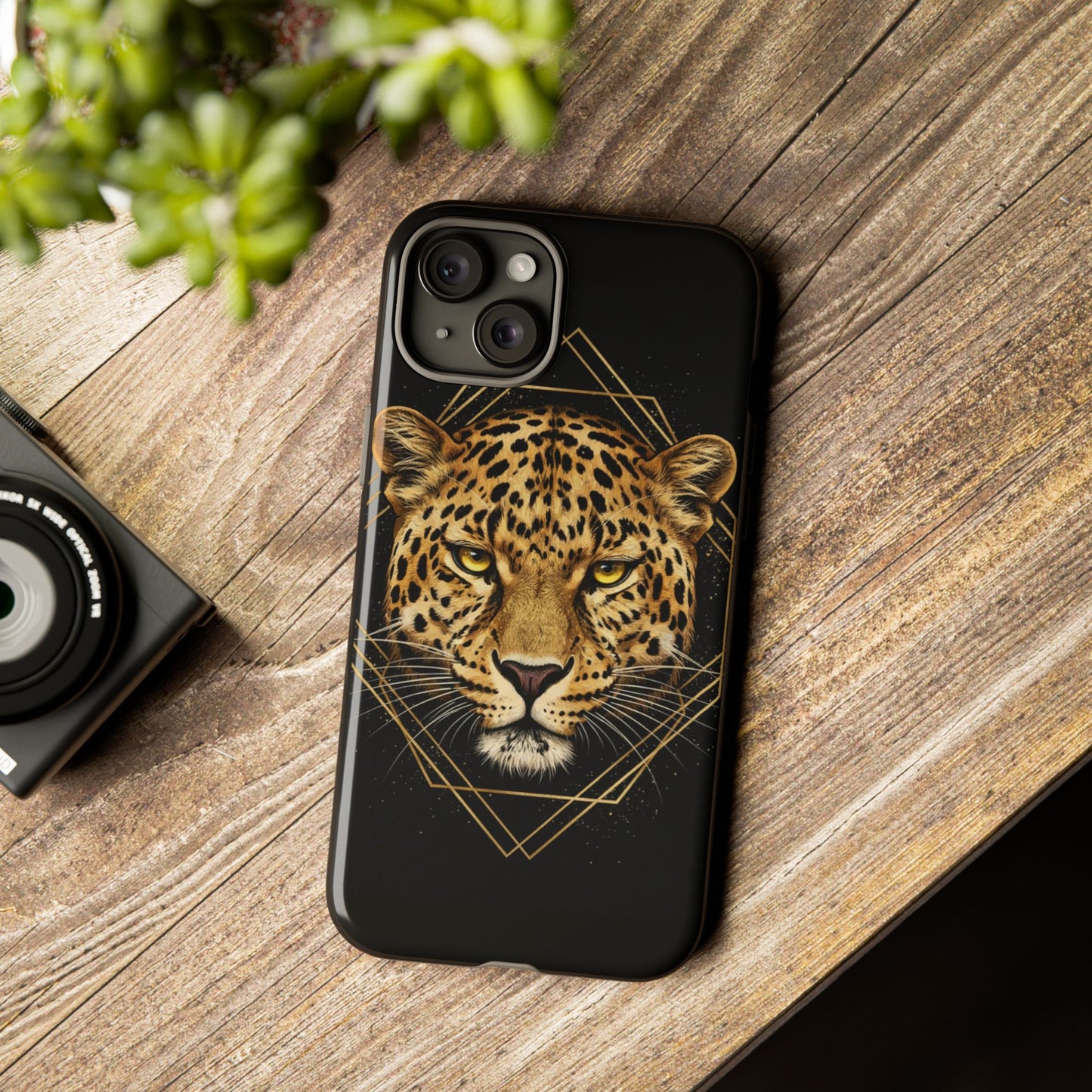 Leopard Head Geometric Phone Case – Black & Gold Luxe Tough Case