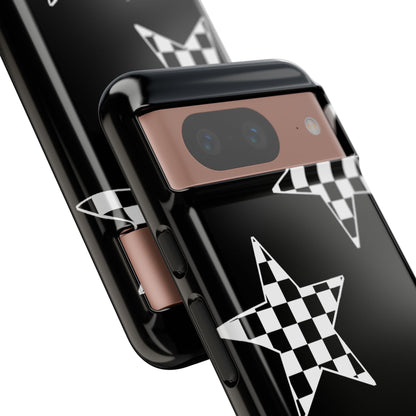 Checkered Star Tough Phone Case – Black Retro Graphic Protective Cover for Iphone, Samsung Galaxy and Pixel
