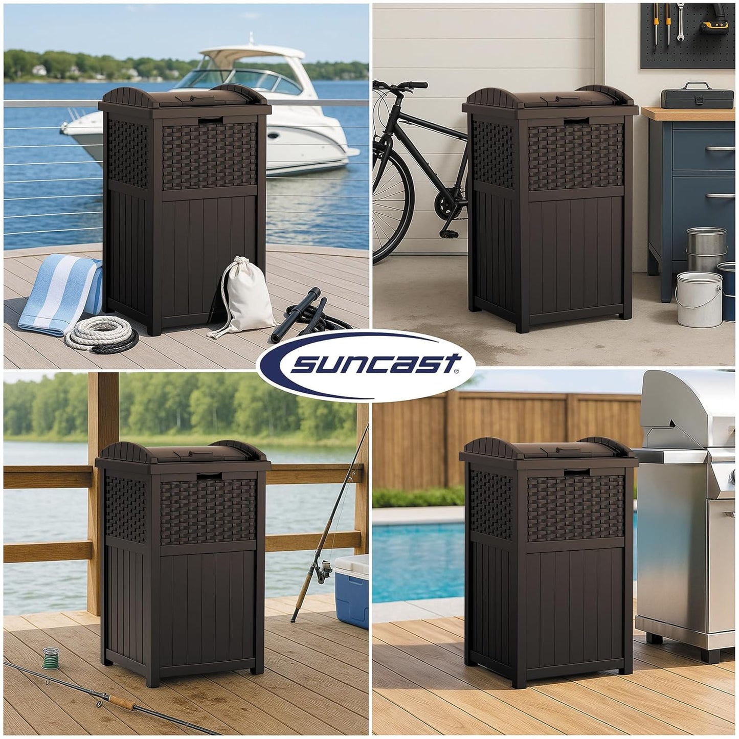 33 Gallon Commercial Outdoor Trashcan Hideaway with Lid for 30 to 33 Gallon Trash Bags for Garage, Backyard, or Garden, Brown