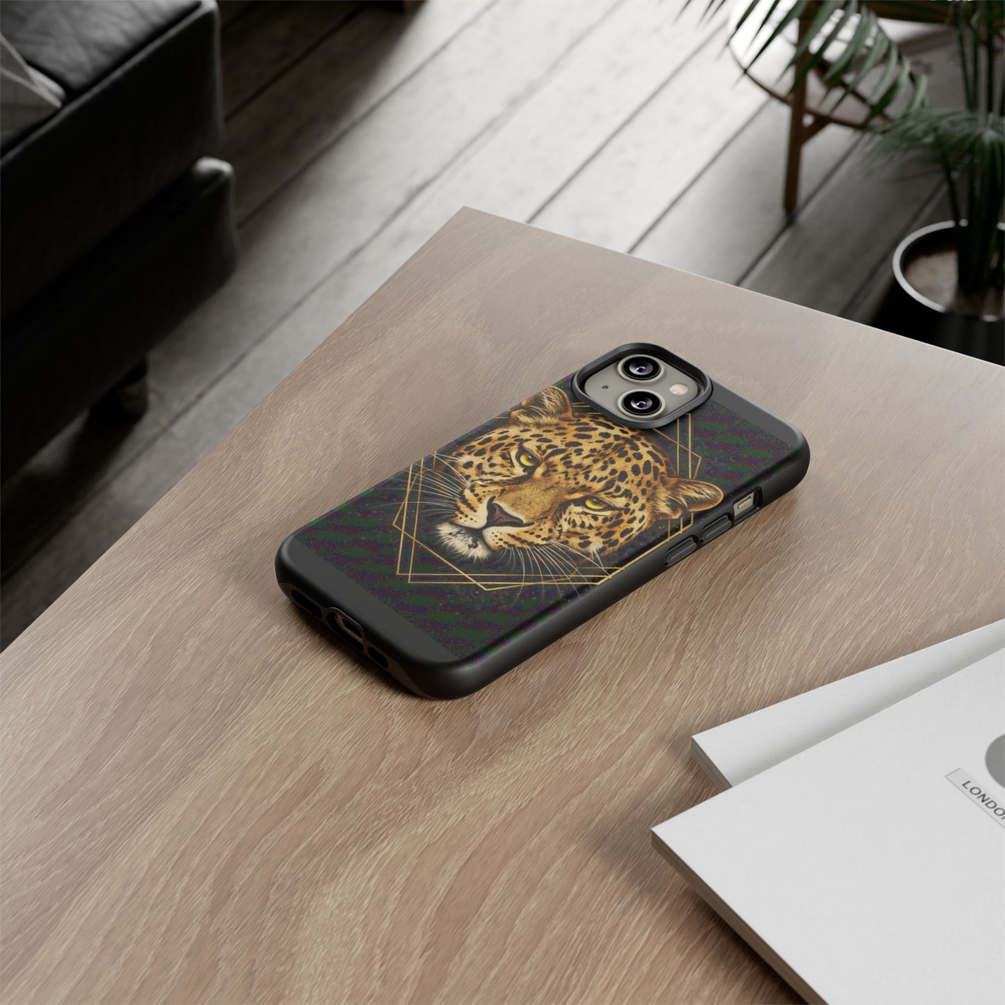 Leopard Head Geometric Phone Case – Black & Gold Luxe Tough Case