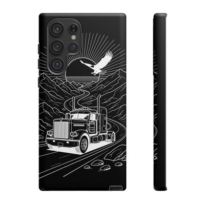 Trucker Highway Phone Case | Eagle & Mountain Line Art | Black Western Tough Case
