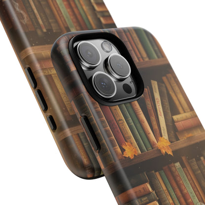 Cozy Vintage Bookshelf Phone Case, Library Aesthetic Book Stack, Autumn Coffee Vibes (iPhone, Samsung, Pixel)