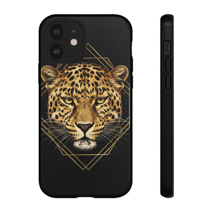 Leopard Head Geometric Phone Case – Black & Gold Luxe Tough Case