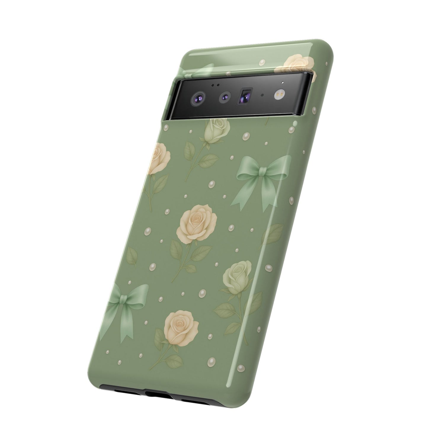 Vintage Rose Bow Phone Case – Sage Green Floral Coquette Aesthetic Tough Case (iPhone, Samsung, Pixel)