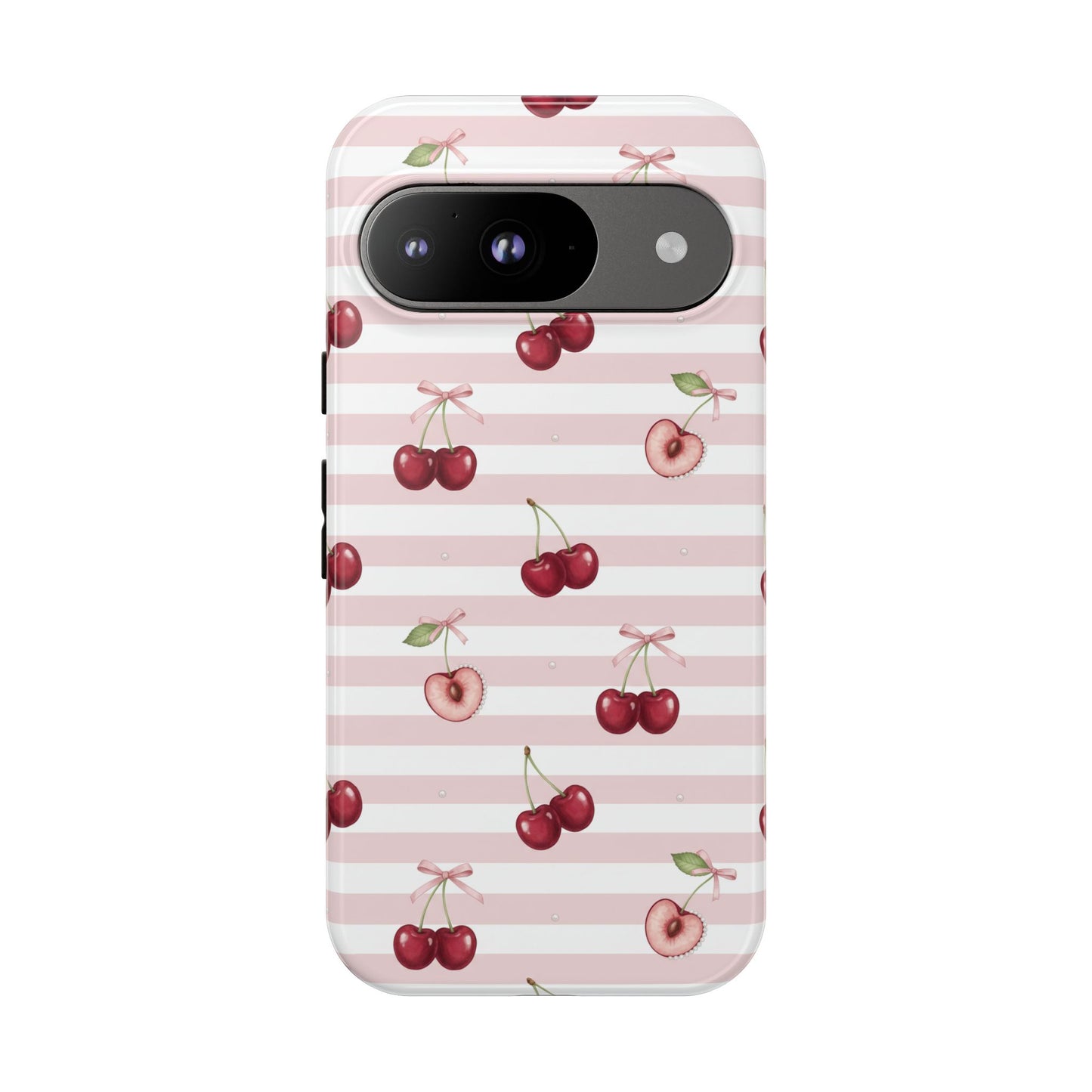 Pink Cherry Stripe Phone Case | Cute Coquette Aesthetic Protective Tough Case