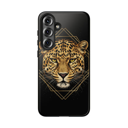 Leopard Head Geometric Phone Case – Black & Gold Luxe Tough Case
