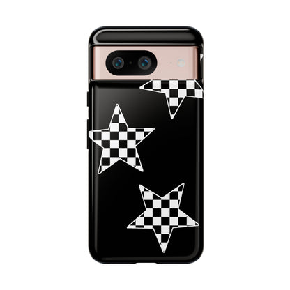 Checkered Star Tough Phone Case – Black Retro Graphic Protective Cover for Iphone, Samsung Galaxy and Pixel