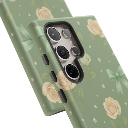 Vintage Rose Bow Phone Case – Sage Green Floral Coquette Aesthetic Tough Case (iPhone, Samsung, Pixel)