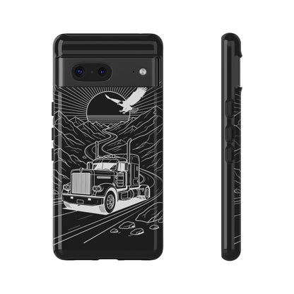 Trucker Highway Phone Case | Eagle & Mountain Line Art | Black Western Tough Case